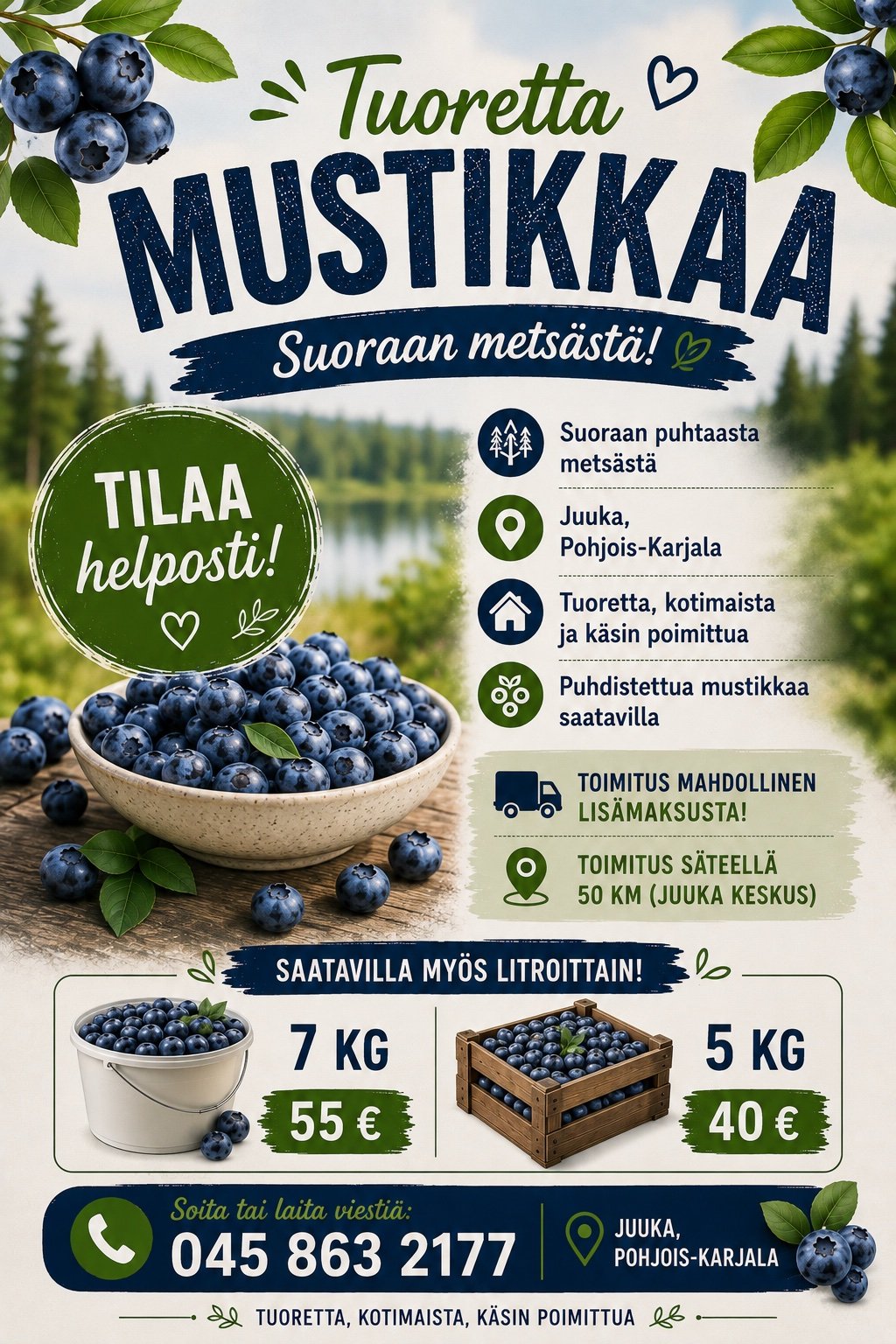 Tuoreita mustikoita (puhdistettu) Juuka Pohjois-karjala